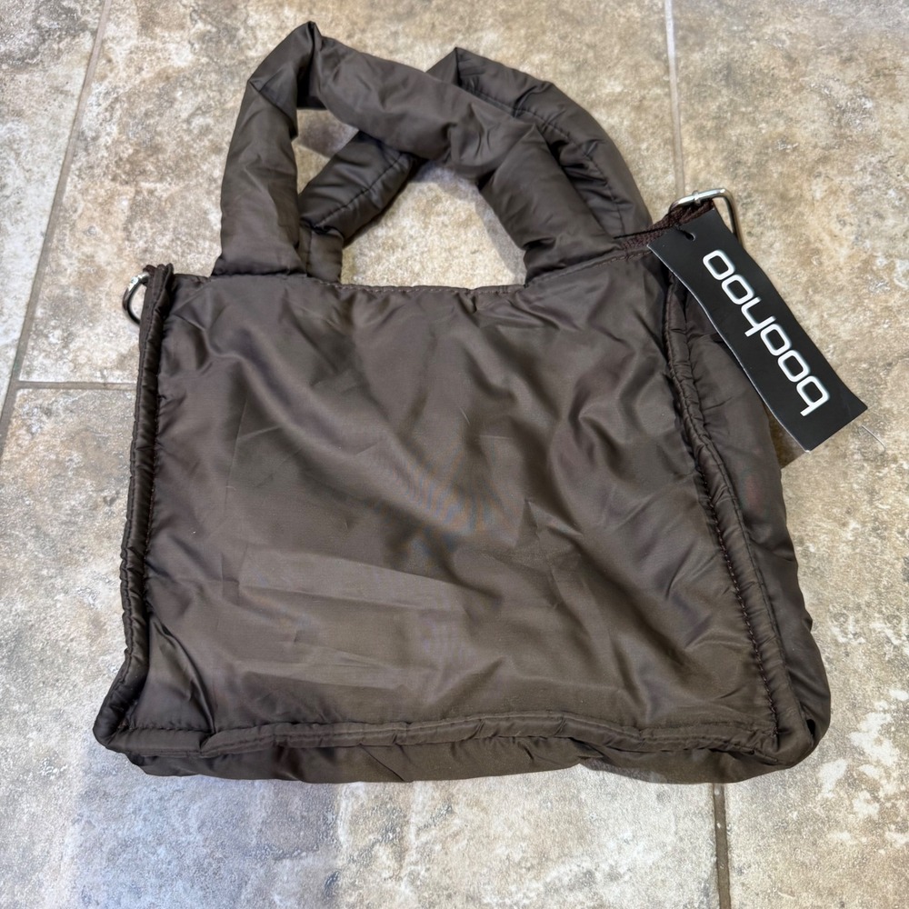 Boohoo Quilted Puffer Tote Bag Brown Convertible Crossbody NWT